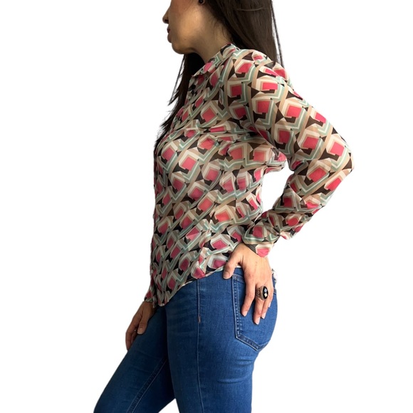 NWT BEBE Women's Silk Blouse Geometric Luxurious Button Down Long Sleeve, XS sz - Picture 14 of 17